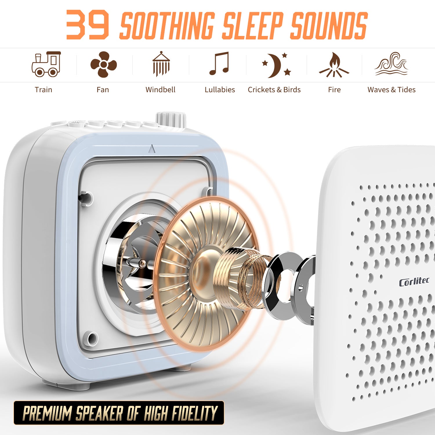 Corlitec White Noise Machine with Night Light, High Fidelity Sound Machine with 39 Sleep Soundtracks for Sleep & Relaxing, Compact Sleep Machine with Timer for Home, Nursery, Office, and Travel