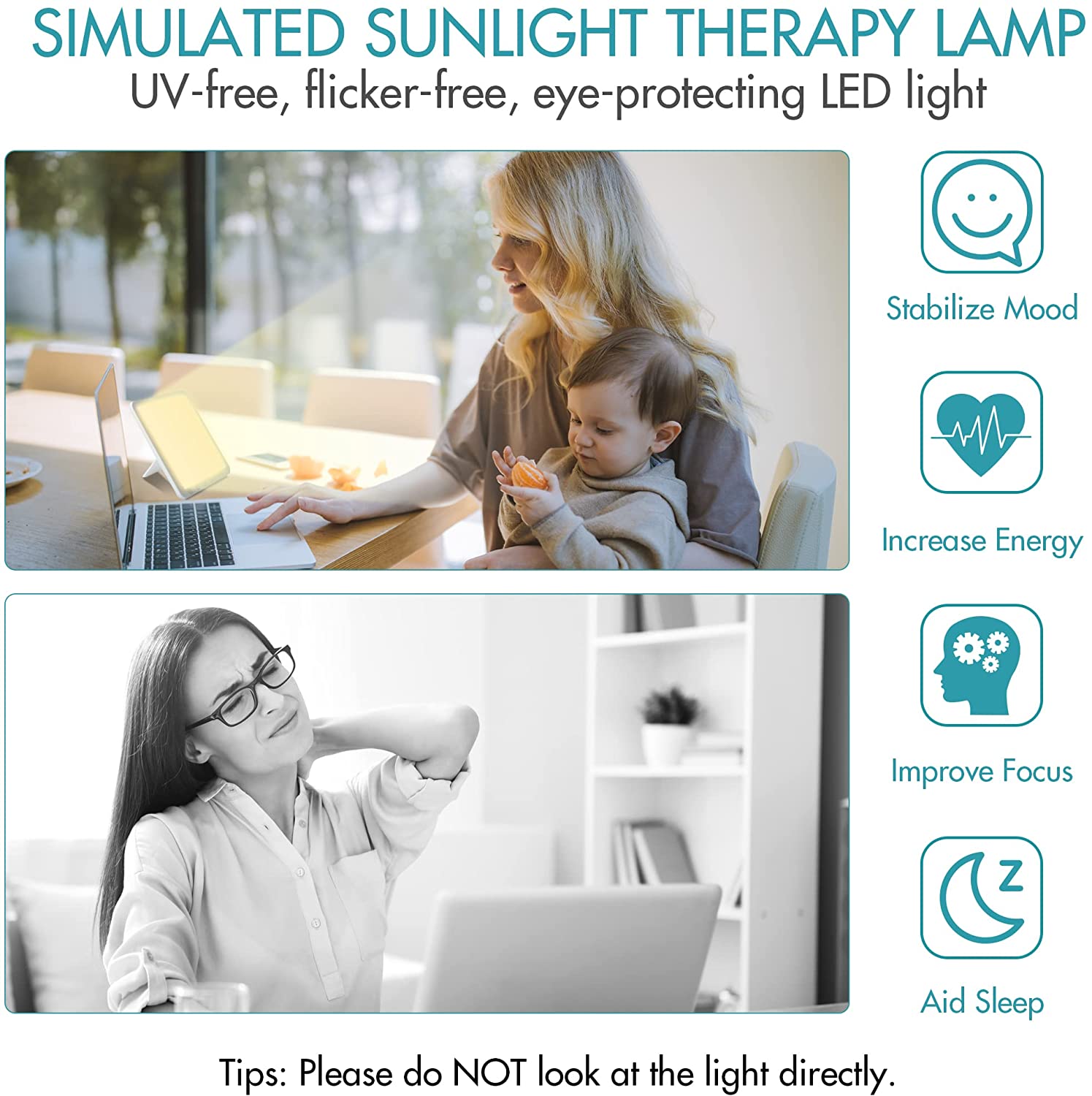 Light Therapy Lamp, UV-Free 15000 Lux Simulated Sunlight, 3 Color Temperature, 5 Brightness Levels, 10-60min Adjustable Timer, 180° Rotatable Stand, Memory Function, Touch Control LED Lamp for Indoor