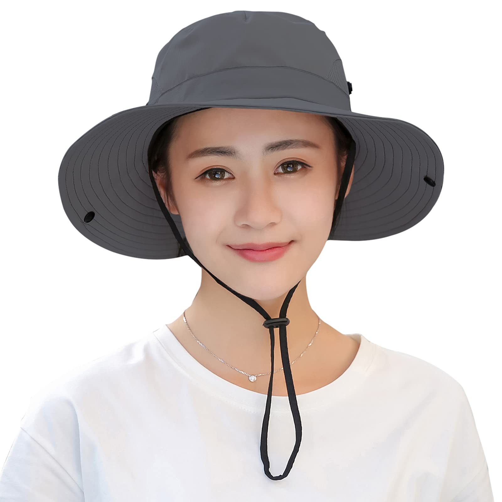 Women's Ponytail Sun Hat Protection Foldable Mesh Wide Brim Beach Adjustable Fishing Hat, Grey