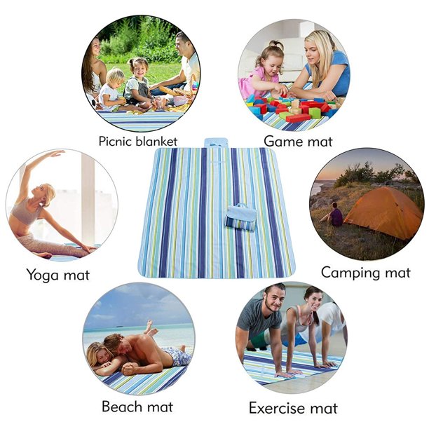 Picnic Mat 57''x79'' Picnic Blanket Striped Handy Beach Mat Sandproof and Waterproof for Picnic, Beaches, RVing, and Outings