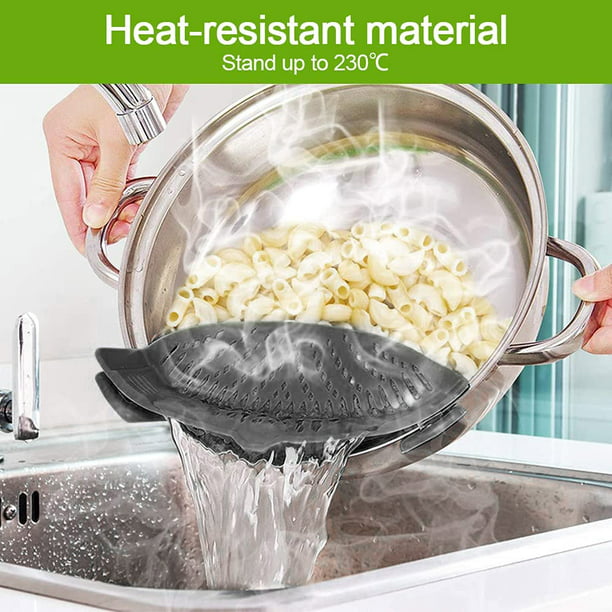 Kitchen Snap N Strain Pot Strainer and Pasta Strainer, Adjustable Silicone Clip On Strainer for Pots, Pans, and Bowls - Kitchen Colander, Gray
