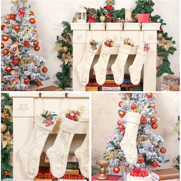 4 Pack Christmas Stockings 18 Inches Large Size Cable Knitted Stocking Gifts & Decorations for Family Holiday Xmas Party, Ivory White