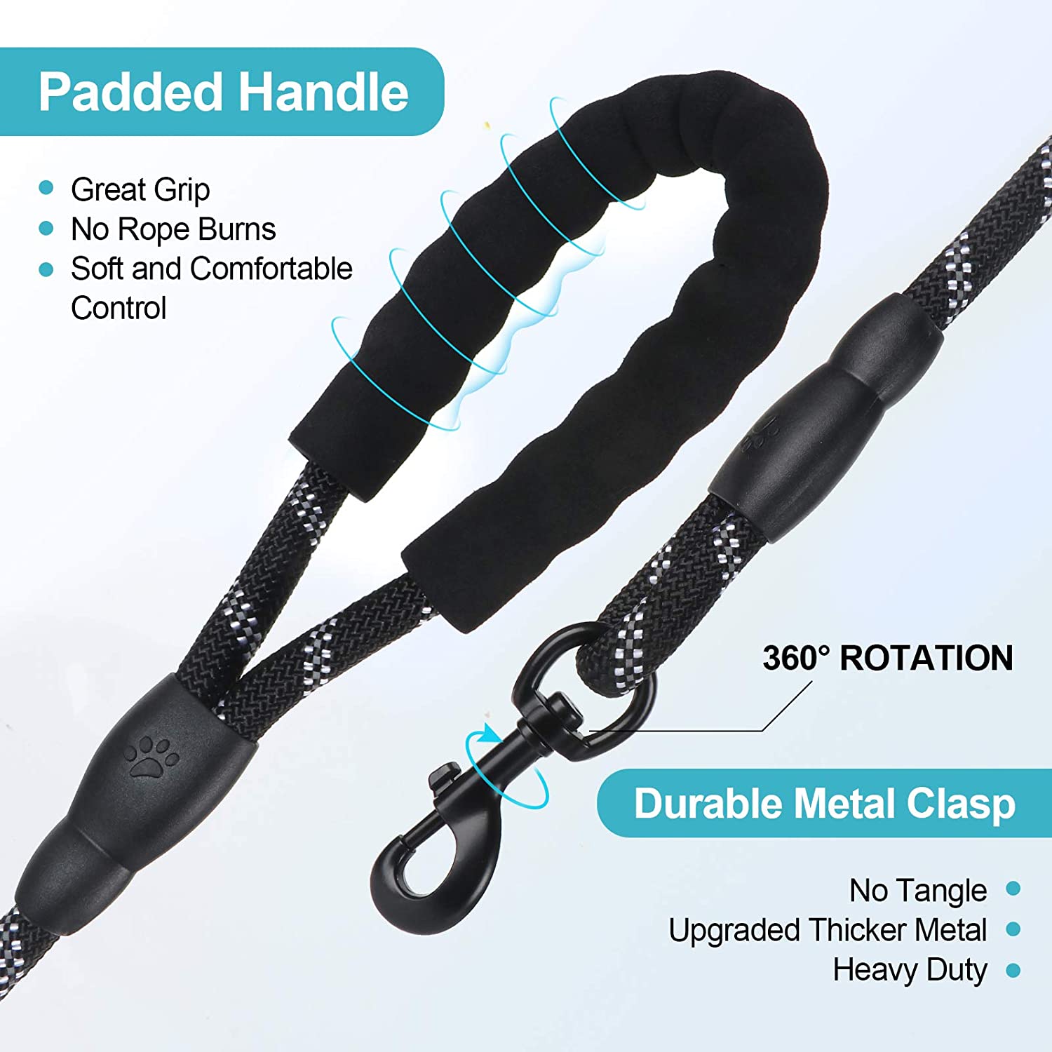 Rope Dog Leash 6FT with Comfortable Padded Handle, Highly Reflective Threads Strong Dog Leash for Puppies Small Medium and Large Dogs