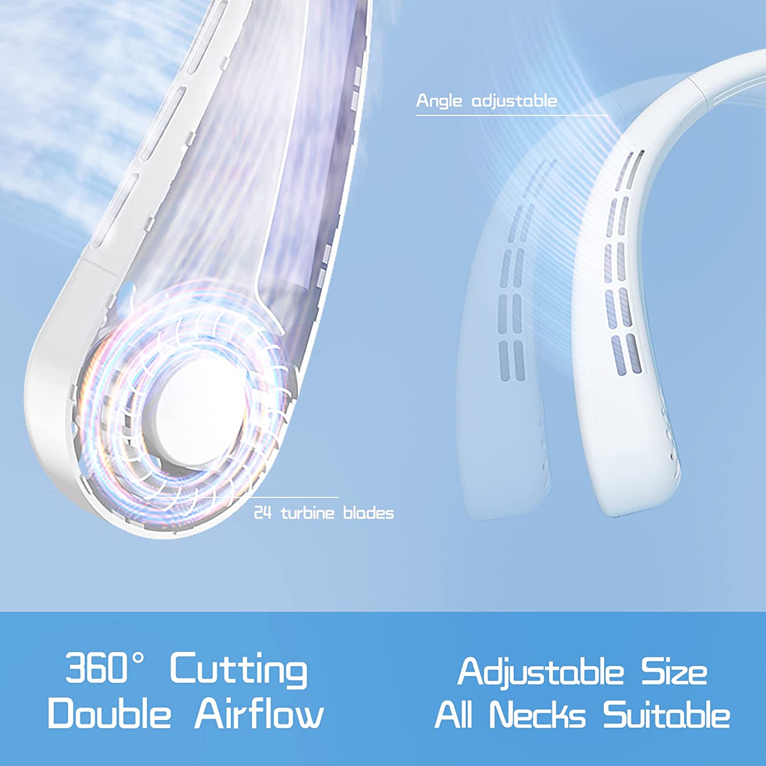 Hand-free Bladeless Neck Fan, Wearable Personal Cooling Fan, USB Rechargeable, 3 Speeds, Lower Noise, 2400mAh Battery Operated Portable Neck Fan for Both Outdoor & Indoor Use