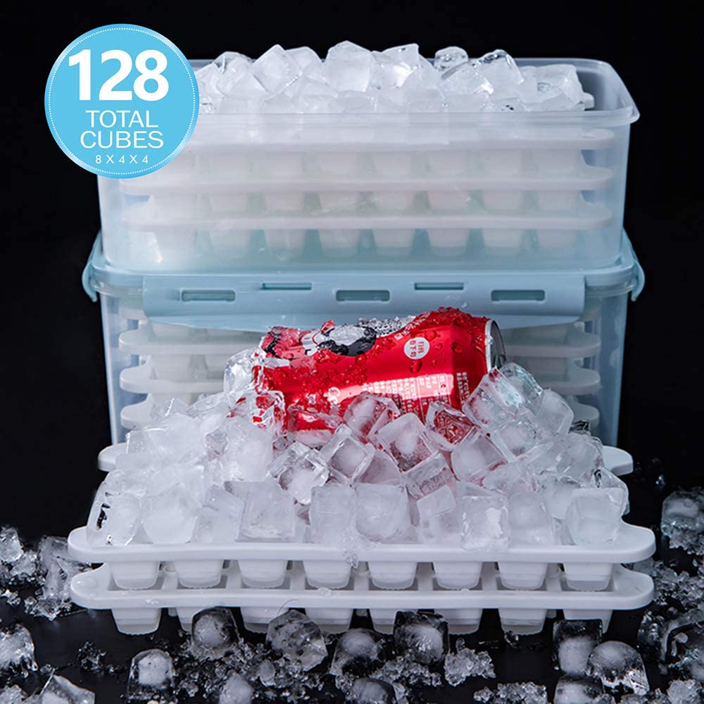 Ice Cube Trays 4 Pack (128 Ice Cubes), Stackable Silicone Bottom Ice Trays Ice Cube Molds Container Set with Airtight Lid