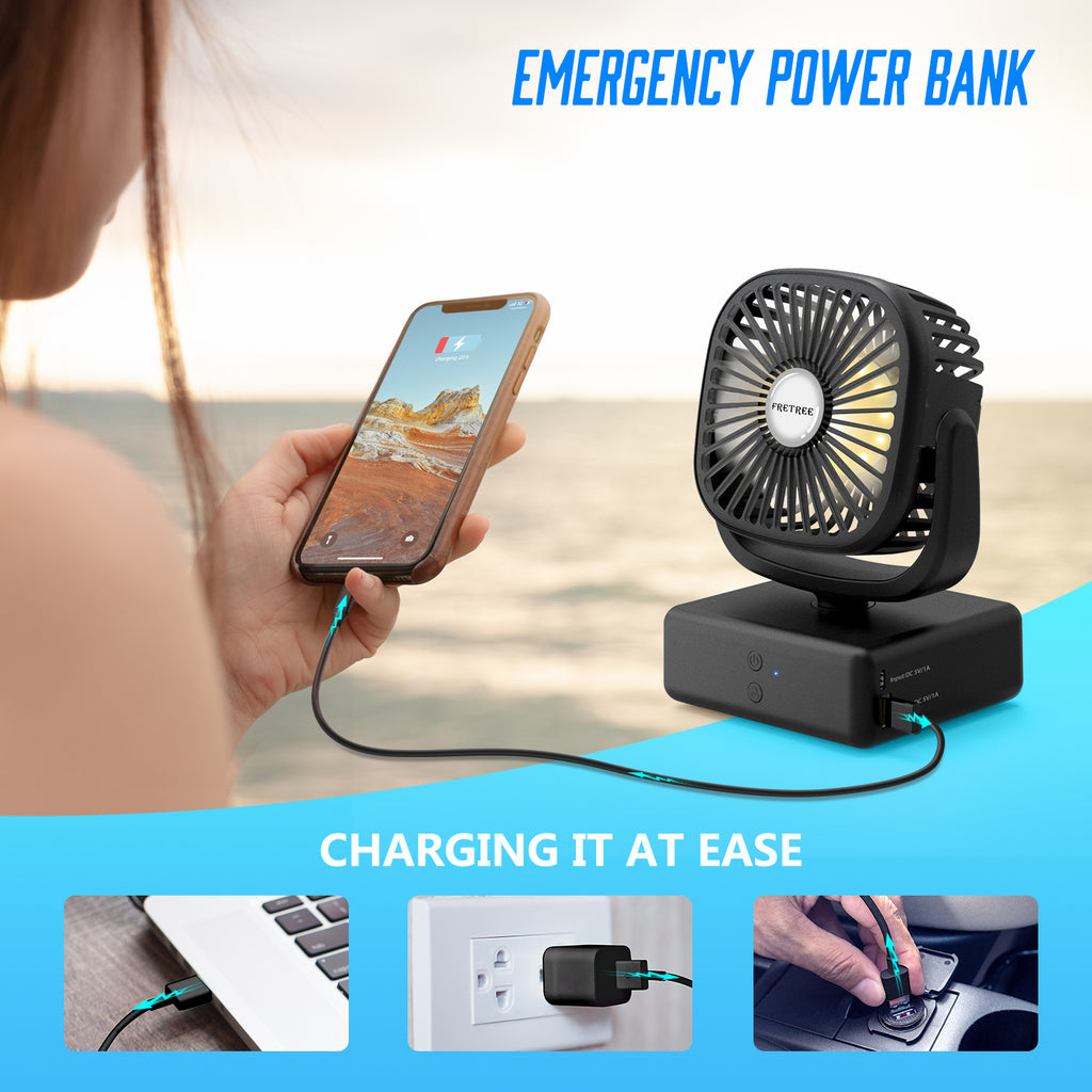FRETREE Outdoor Desk Fan, Portable Battery Operated Camping Fan with LED Lantern, 5200mAh Battery, 140° Auto Oscillation, Natural Wind, and Hanging Hook for Home Office Outdoor Camping