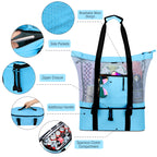 Mesh Beach Tote Bag with Cooler - Detachable Design with Picnic Cooler, Blue
