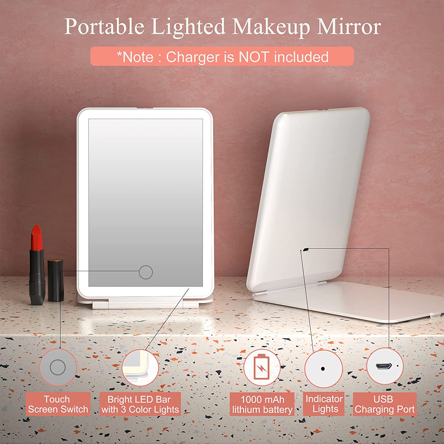 Folding Travel Mirror Lighted Makeup Mirror with 60 LEDs 3 Colors Light Modes USB Rechargable 1000mA Batteries Portable Ultra Thin Compact Vanity Mirror with Touch Screen