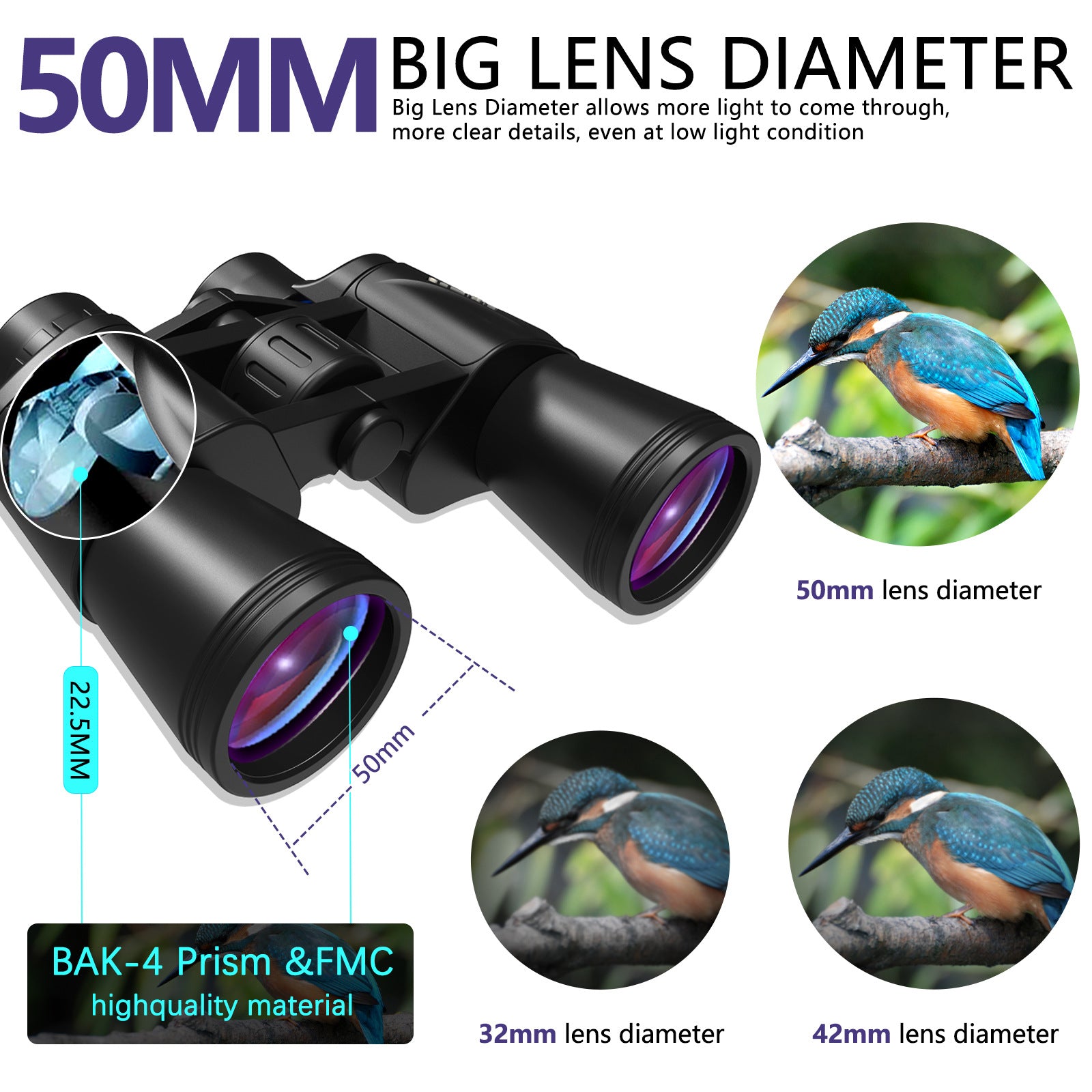 20x50 High Power Binoculars for Adults, Compact Waterproof Binoculars for Bird Watching Hunting Travel Football Games Stargazing - BAK4 Prism FMC Lens