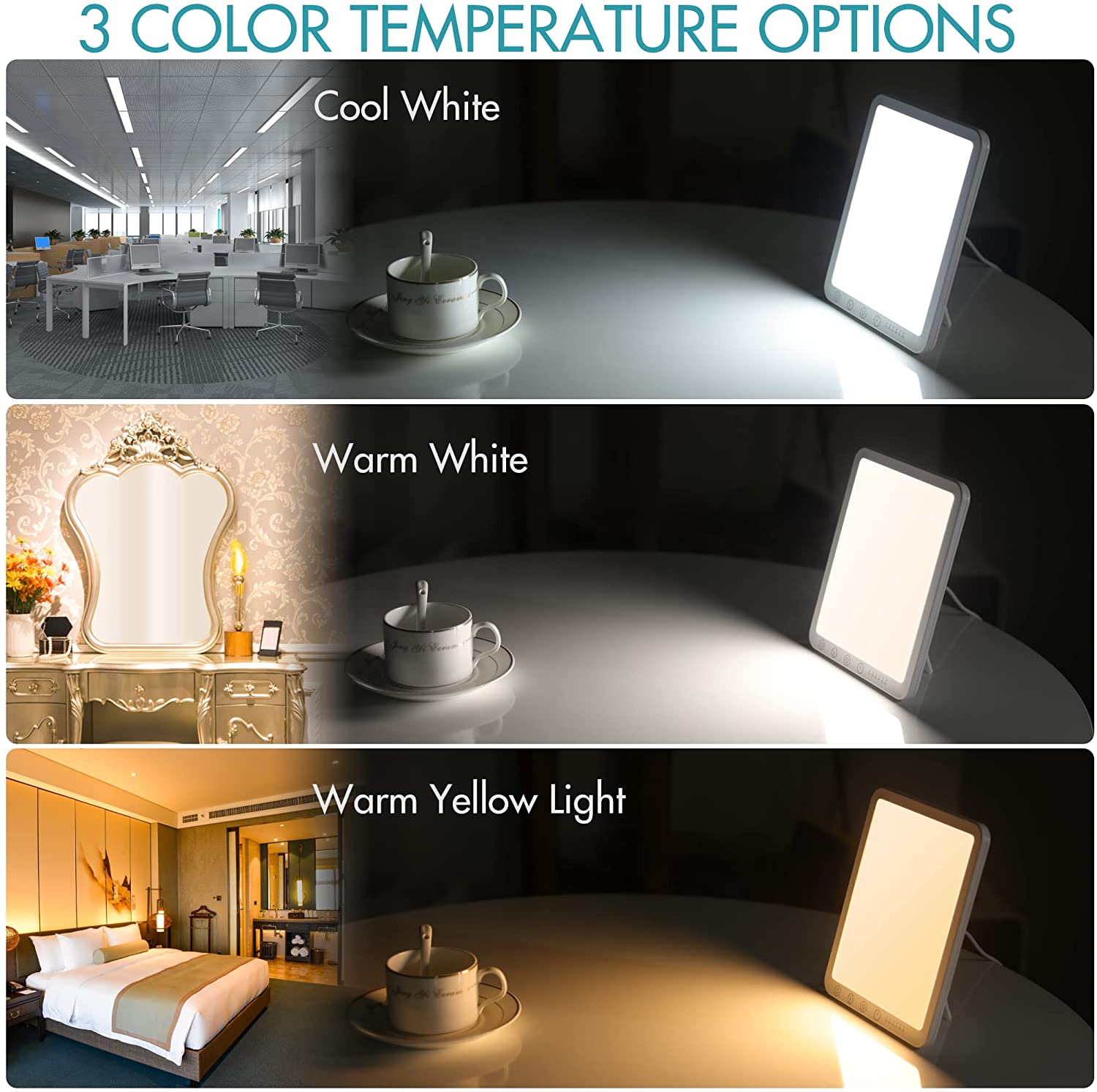 Light Therapy Lamp, UV-Free 15000 Lux Simulated Sunlight, 3 Color Temperature, 5 Brightness Levels, 10-60min Adjustable Timer, 180° Rotatable Stand, Memory Function, Touch Control LED Lamp for Indoor