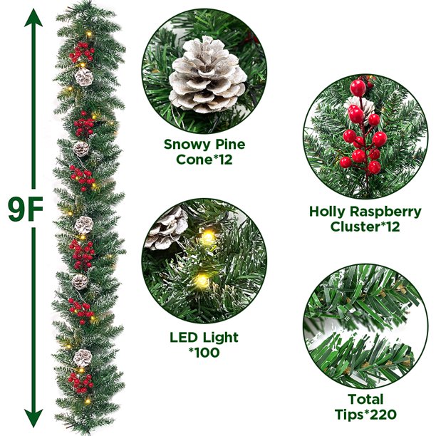 9ft Pre-Lit Christmas Garland with 50 Waterproof LED Light and Pine Cones and Berries, Battery Operated Garland 220 Branches Christmas Decoration for Xmas Holiday & Party (4.7) 4.7 stars out of 57 reviews 57 reviews