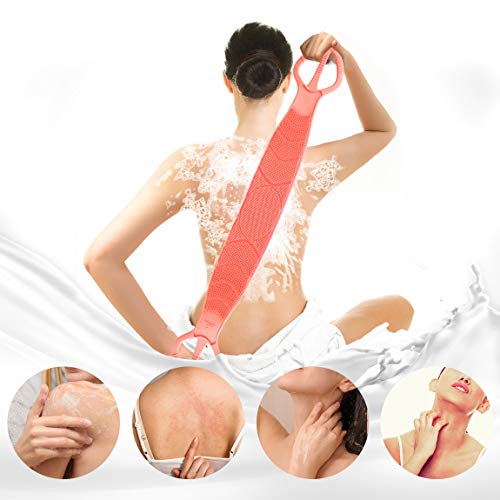 Silicone Bath Body Brush 35.5 inch Sword Handle Back Scrubber for Shower, Exfoliating Lengthen, Easy to Clean, Lathers Well, Eco Friendly, Long Lasting, Comfortable Massage for Shower (Pink)
