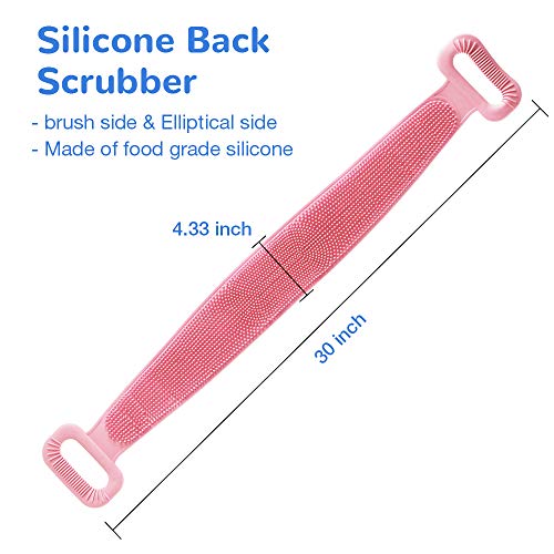 Silicone Bath Body Brush, Exfoliating Lengthen Silicone Body Back Scrubber, Easy to Clean, Lathers Well, Eco Friendly, Long Lasting, Comfortable Massage for Shower(Pink)