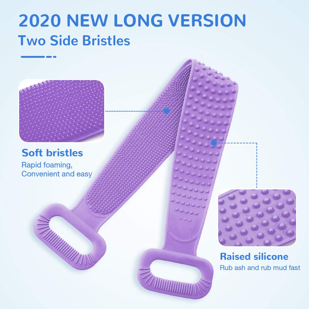 Meidong Silicone Bath Body Brush, Exfoliating Lengthen Silicone Body Back Scrubber, Easy to Clean, Lathers Well, Eco Friendly, Long Lasting, Comfortable Massage for Shower(Purple)