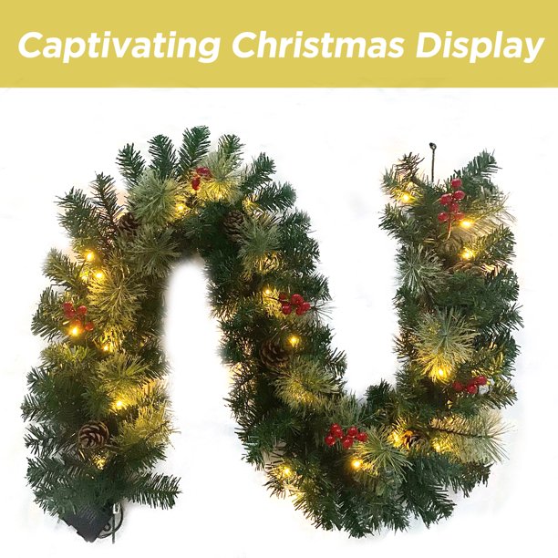 Christmas Garland Pre-Lit Artificial Green with Pine Cones Berry Clusters 40 Lights 6ft for Winter Christmas Indoor Outdoor New Year Xmas Decorations