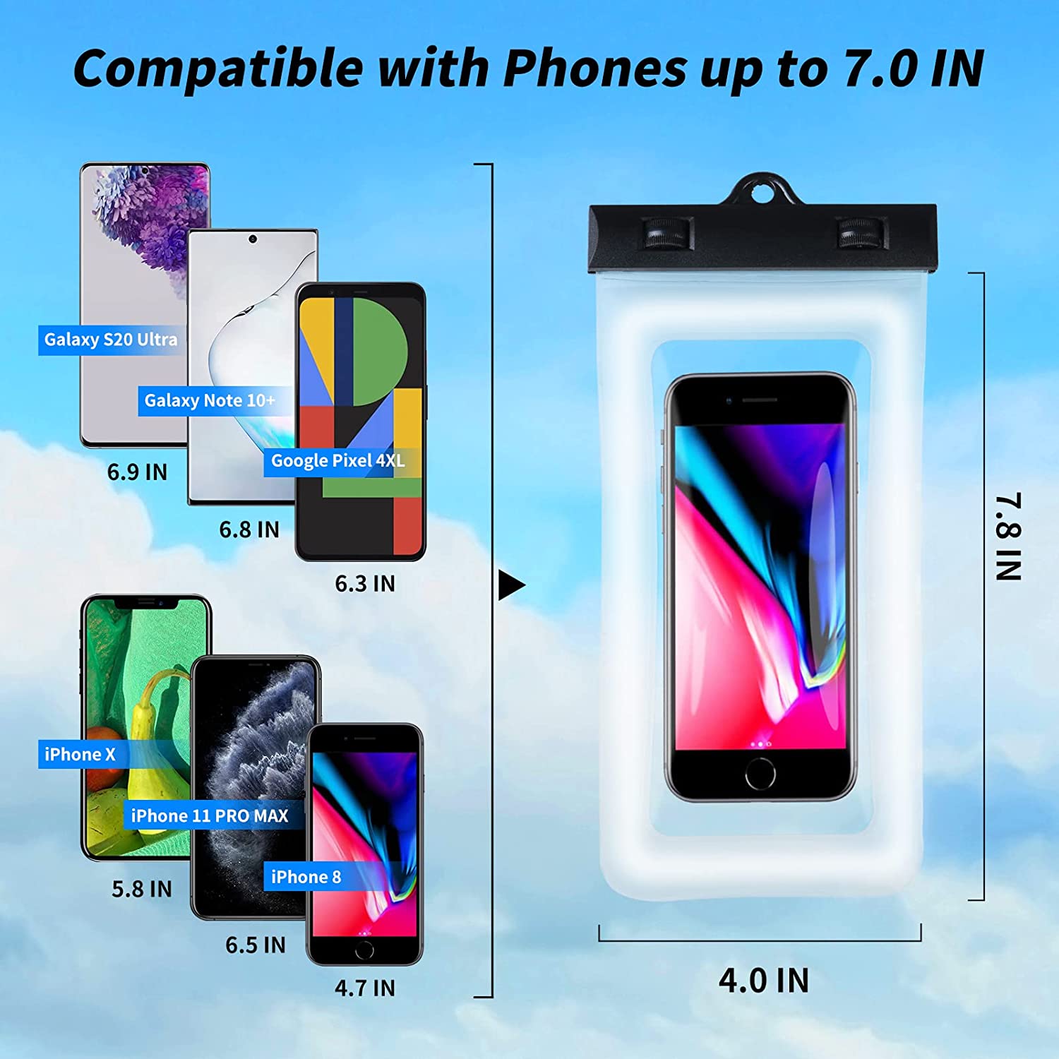 Waterproof Phone Bag IPX8 Cell Phone Pouch for Swimmers Divers Outdoor Beach Pool Shower Bath Hot Tub Water-activity, with Airbag Protection & Secure Lock, Compatible with iPhone/Samsung Galaxy up to 7.0 IN (2 PCs in Black)