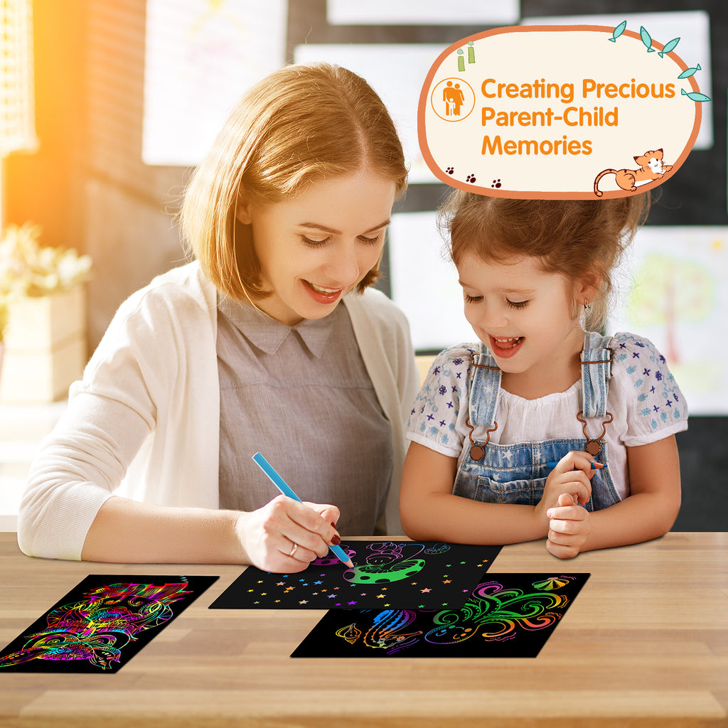 Riarmo Scratch Art Paper Set for Kids, 107 Pcs Rainbow Magic Scratch Off Paper Art Craft for Boys & Girls, Fun Imagination Trigger Game for Children’s Summer Vacation, Birthday, and Party Gift