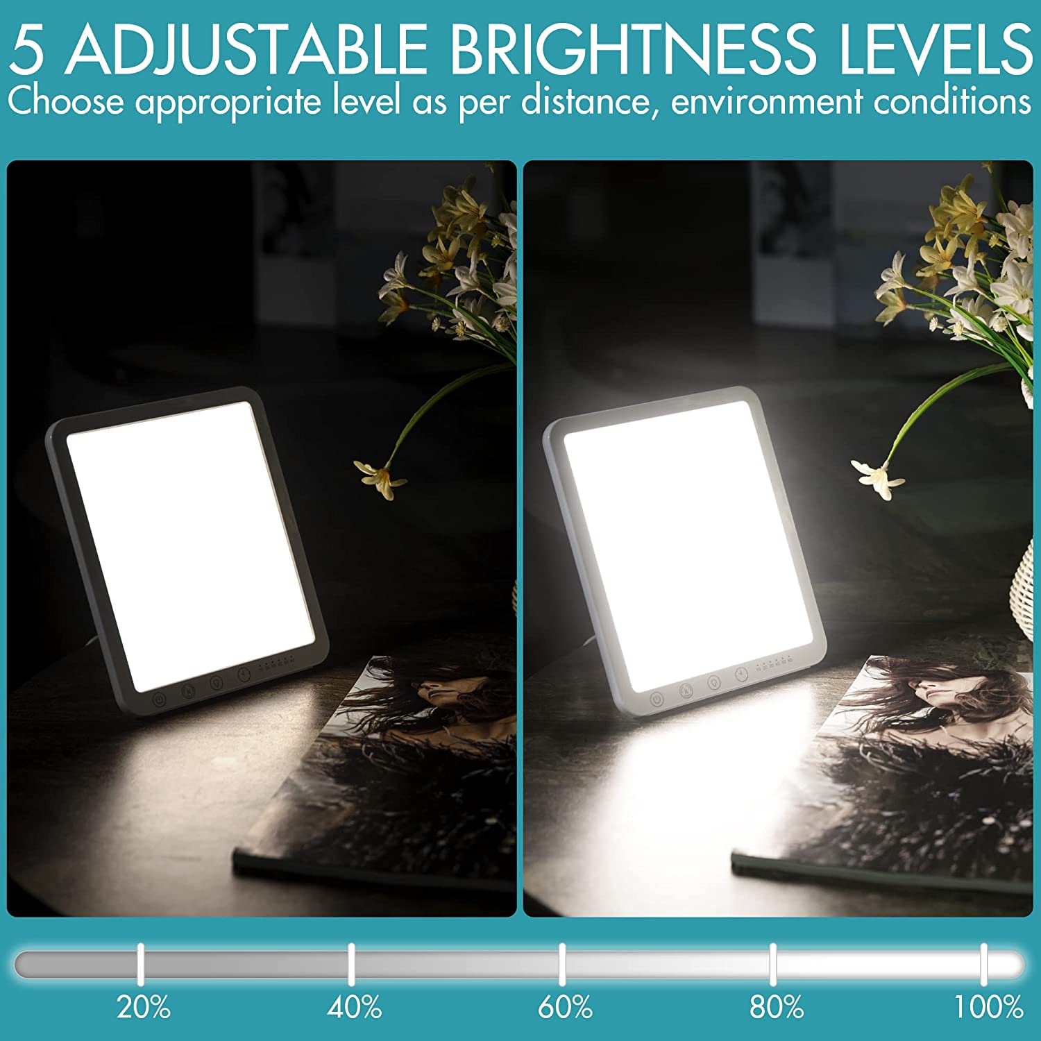 Light Therapy Lamp, UV-Free 15000 Lux Simulated Sunlight, 3 Color Temperature, 5 Brightness Levels, 10-60min Adjustable Timer, 180° Rotatable Stand, Memory Function, Touch Control LED Lamp for Indoor