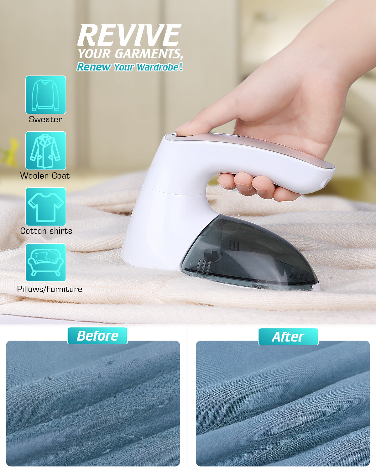 Upgraded Rechargeable Fabric Shaver Lint Remover - Fabric Defuzzer Electric Lint Fuzz Pills Remover with Quandruple Protection & 2 Replaceable 6-leaf Blades, Trimmer Effectively Faster by 50%