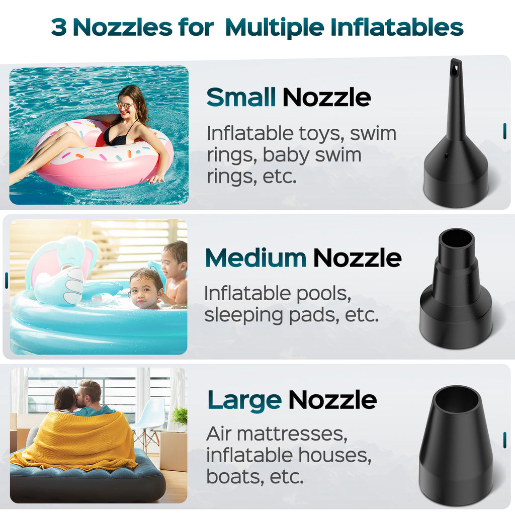 Swtroom Air Pump with 3 Nozzles Electric Air Pump Portable Quick-Fill Inflator Pumps for Air Mattress Beds, Airbed, Inflatable Pool Float, Black