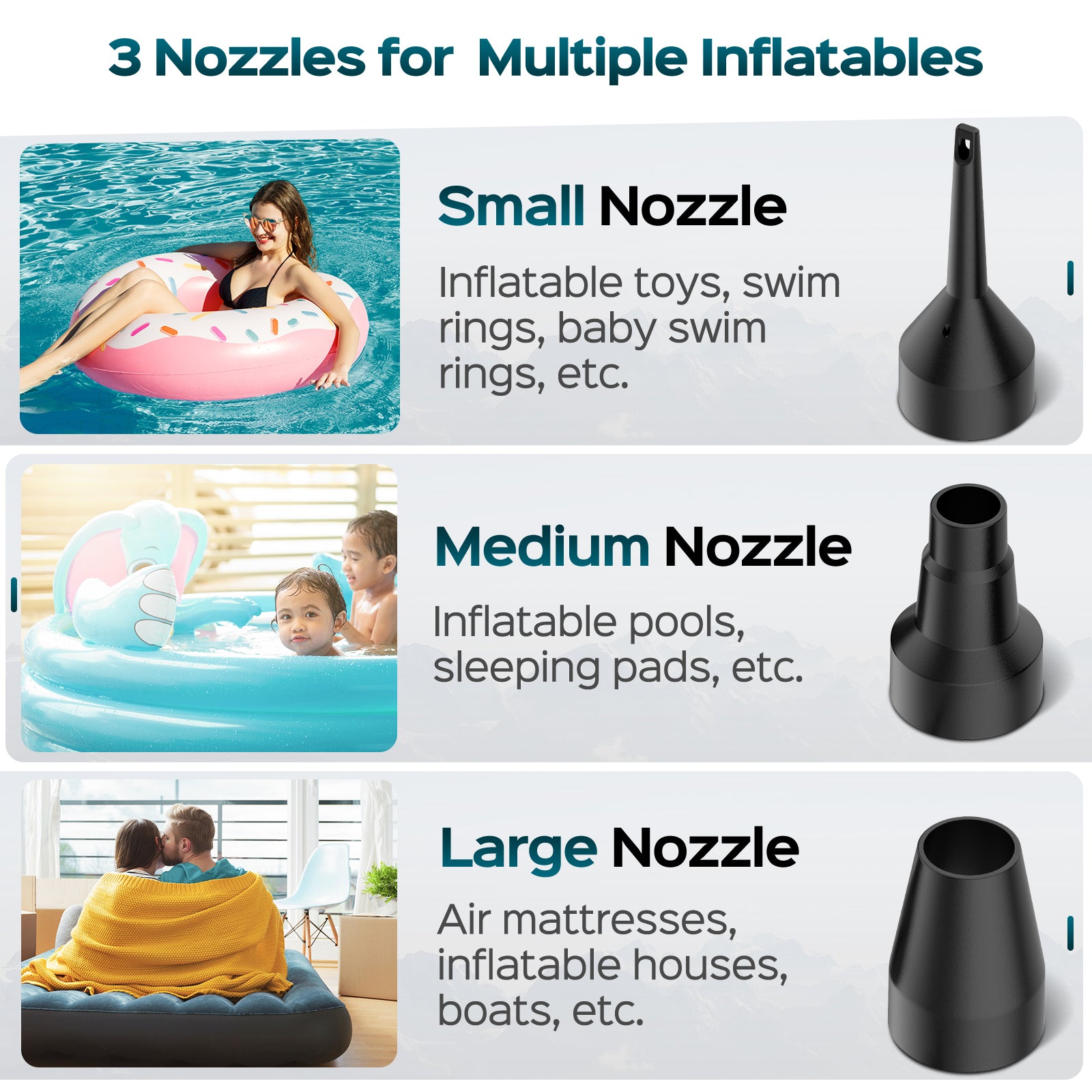 Swtroom Air Pump with 3 Nozzles Electric Air Pump Portable Quick-Fill Inflator Pumps for Air Mattress Beds, Airbed, Inflatable Pool Float, Black