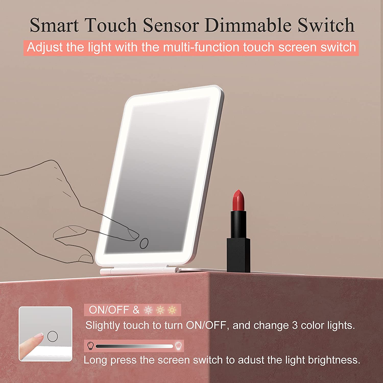 Folding Travel Mirror Lighted Makeup Mirror with 60 LEDs 3 Colors Light Modes USB Rechargable 1000mA Batteries Portable Ultra Thin Compact Vanity Mirror with Touch Screen
