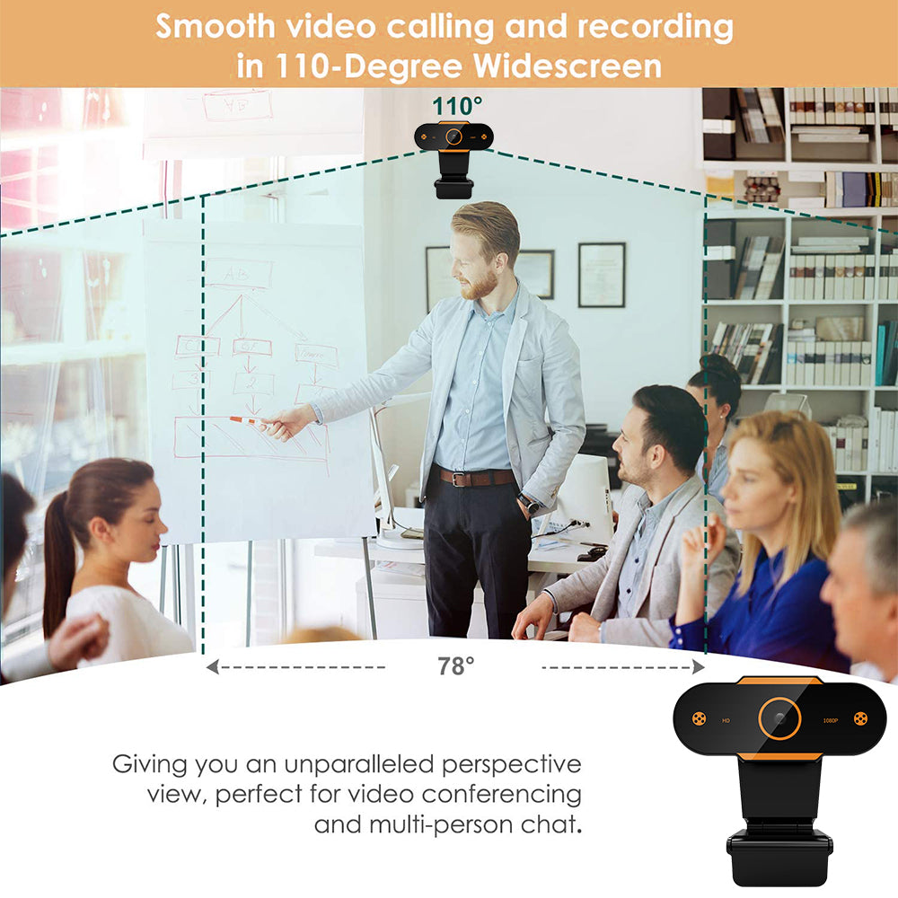 Webcam with Microphone, 1080P HD USB Webcam for Computer Laptop with 110° Wide Angle, Noise Reduction Portable Live Streaming Camera, Plug and Play, Black
