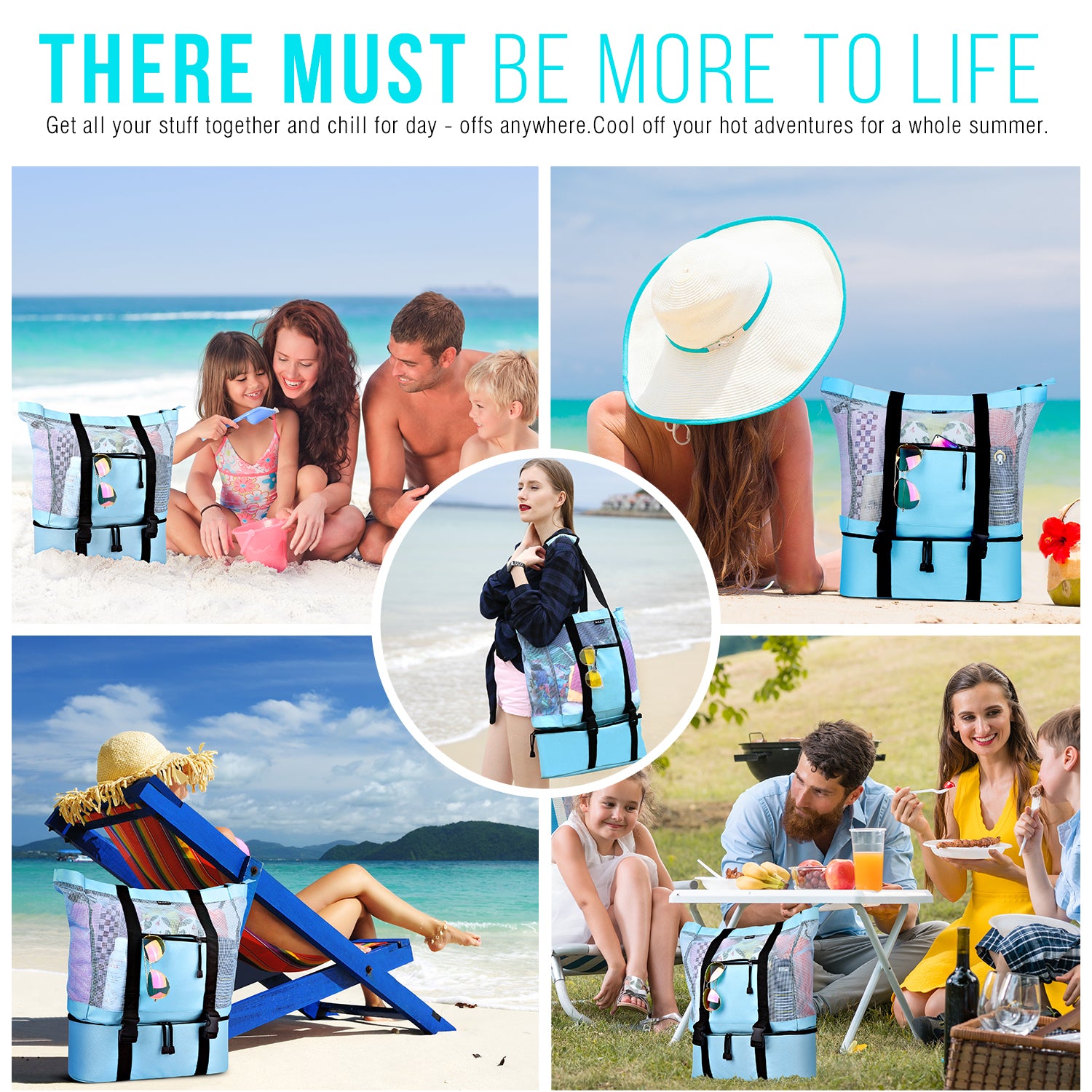Mesh Beach Tote Bag with Cooler - Detachable Design with Picnic Cooler, Blue