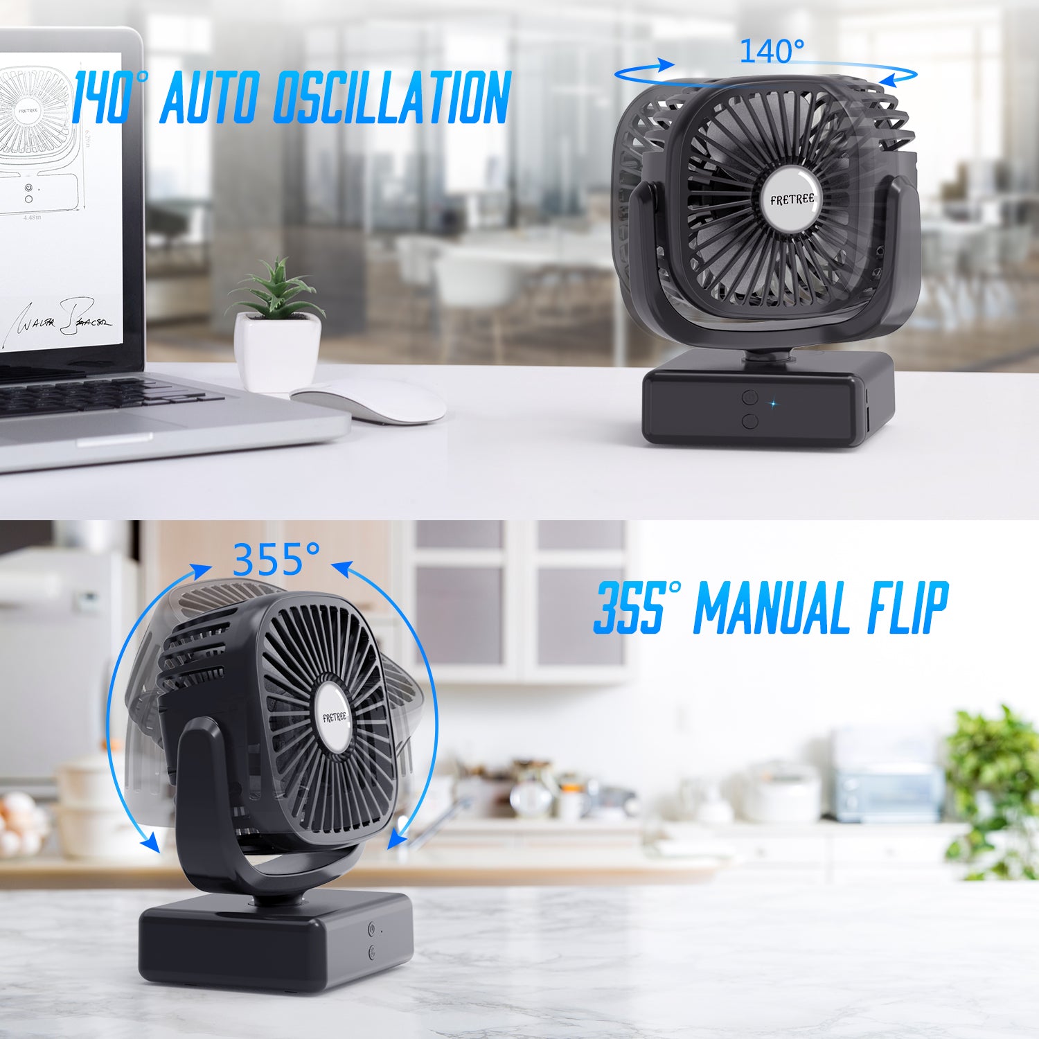 FRETREE Outdoor Desk Fan, Portable Battery Operated Camping Fan with LED Lantern, 5200mAh Battery, 140° Auto Oscillation, Natural Wind, and Hanging Hook for Home Office Outdoor Camping