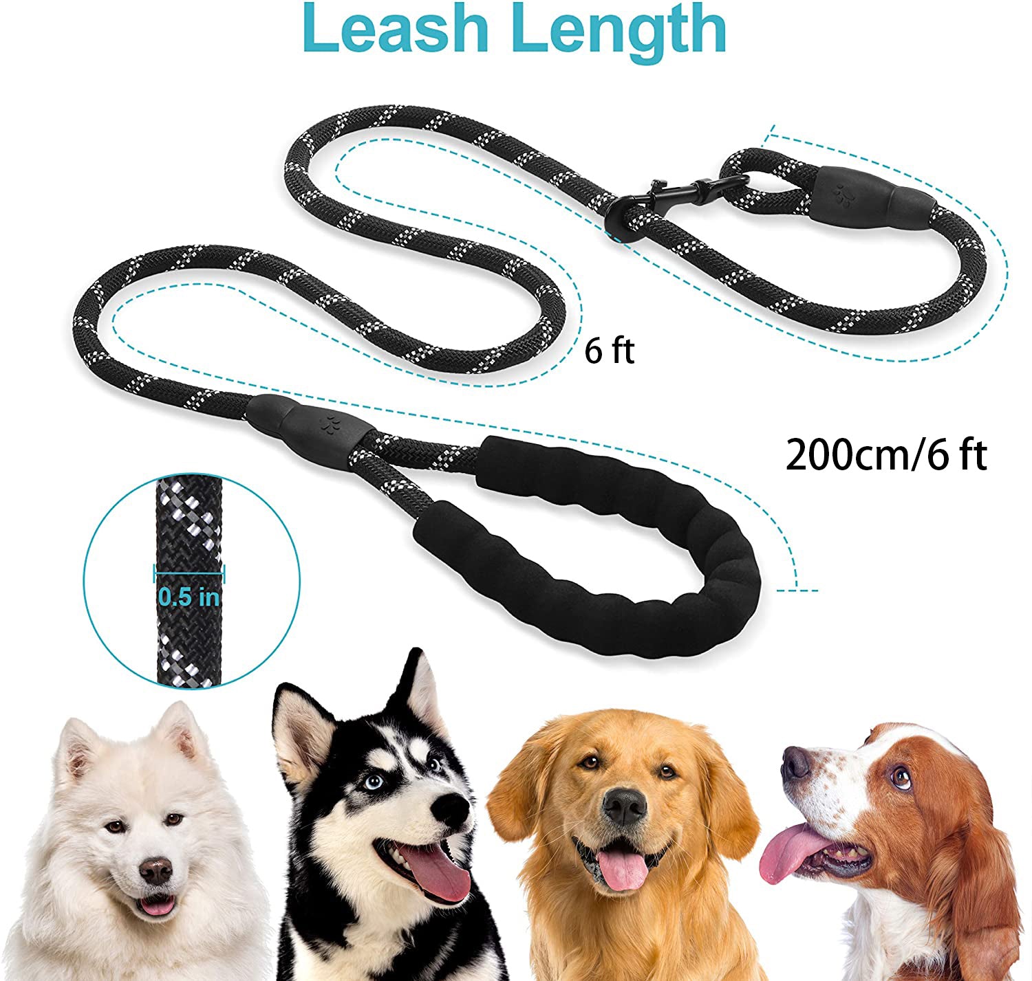 Rope Dog Leash 6FT with Comfortable Padded Handle, Highly Reflective Threads Strong Dog Leash for Puppies Small Medium and Large Dogs