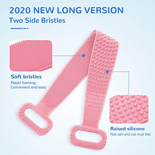 Silicone Bath Body Brush, Exfoliating Lengthen Silicone Body Back Scrubber, Easy to Clean, Lathers Well, Eco Friendly, Long Lasting, Comfortable Massage for Shower(Pink)