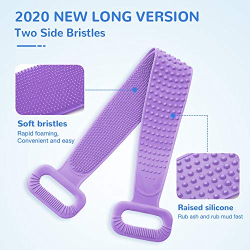 Silicone Bath Body Brush, Exfoliating Lengthen Silicone Body Back Scrubber, Easy to Clean, Lathers Well, Eco Friendly, Long Lasting, Comfortable Massage for Shower(Purple)