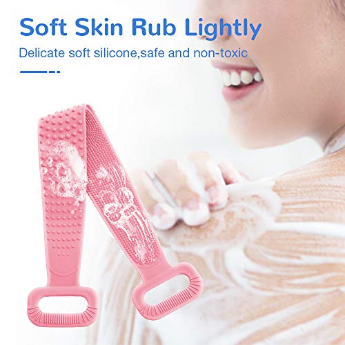 Silicone Bath Body Brush, Exfoliating Lengthen Silicone Body Back Scrubber, Easy to Clean, Lathers Well, Eco Friendly, Long Lasting, Comfortable Massage for Shower(Pink)