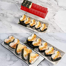 Load image into Gallery viewer, Sushi Making Kit Deluxe Edition with Complete Sushi Set 10 Pieces Plastic Sushi Maker Tool Complete with 8 Sushi Rice Roll Mold Shapes Fork Spatula DIY Home Sushi Tool (Red)
