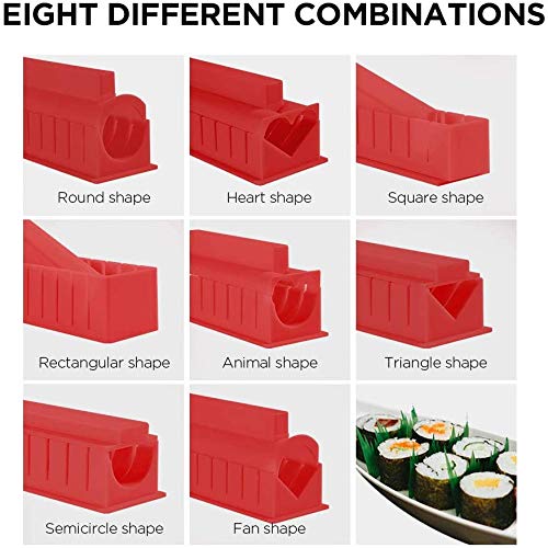 Sushi Making Kit Deluxe Edition with Complete Sushi Set 10 Pieces Plastic Sushi Maker Tool Complete with 8 Sushi Rice Roll Mold Shapes Fork Spatula DIY Home Sushi Tool (Red)