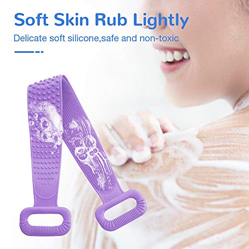 Silicone Bath Body Brush, Exfoliating Lengthen Silicone Body Back Scrubber, Easy to Clean, Lathers Well, Eco Friendly, Long Lasting, Comfortable Massage for Shower(Purple)
