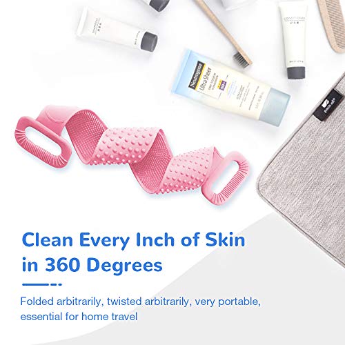 Silicone Bath Body Brush, Exfoliating Lengthen Silicone Body Back Scrubber, Easy to Clean, Lathers Well, Eco Friendly, Long Lasting, Comfortable Massage for Shower(Pink)