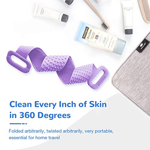 Silicone Bath Body Brush, Exfoliating Lengthen Silicone Body Back Scrubber, Easy to Clean, Lathers Well, Eco Friendly, Long Lasting, Comfortable Massage for Shower(Purple)