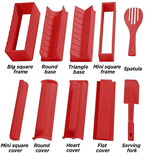 Sushi Making Kit Deluxe Edition with Complete Sushi Set 10 Pieces Plastic Sushi Maker Tool Complete with 8 Sushi Rice Roll Mold Shapes Fork Spatula DIY Home Sushi Tool (Red)