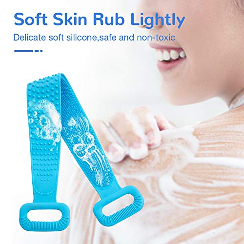 Silicone Bath Body Brush, Exfoliating Lengthen Silicone Body Back Scrubber, Easy to Clean, Lathers Well, Eco Friendly, Long Lasting, Comfortable Massage for Shower (Blue)