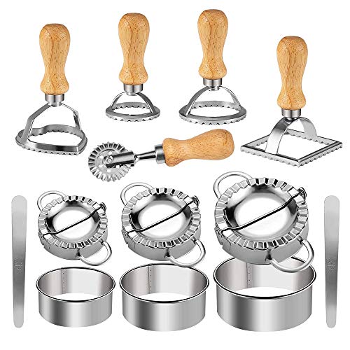 Ravioli Stamp Maker Cutter Round Shapes Mold with Wooden Handle with Dumplings Maker Sets (13 Pack)