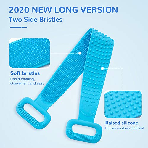 Silicone Bath Body Brush, Exfoliating Lengthen Silicone Body Back Scrubber, Easy to Clean, Lathers Well, Eco Friendly, Long Lasting, Comfortable Massage for Shower (Blue)