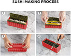 Sushi Making Kit Deluxe Edition with Complete Sushi Set 10 Pieces Plastic Sushi Maker Tool Complete with 8 Sushi Rice Roll Mold Shapes Fork Spatula DIY Home Sushi Tool (Red)