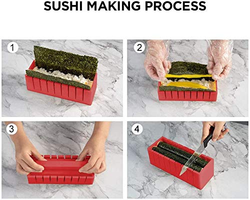 Sushi Making Kit Deluxe Edition with Complete Sushi Set 10 Pieces Plastic Sushi Maker Tool Complete with 8 Sushi Rice Roll Mold Shapes Fork Spatula DIY Home Sushi Tool (Red)