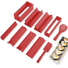 Load image into Gallery viewer, Sushi Making Kit Deluxe Edition with Complete Sushi Set 10 Pieces Plastic Sushi Maker Tool Complete with 8 Sushi Rice Roll Mold Shapes Fork Spatula DIY Home Sushi Tool (Red)
