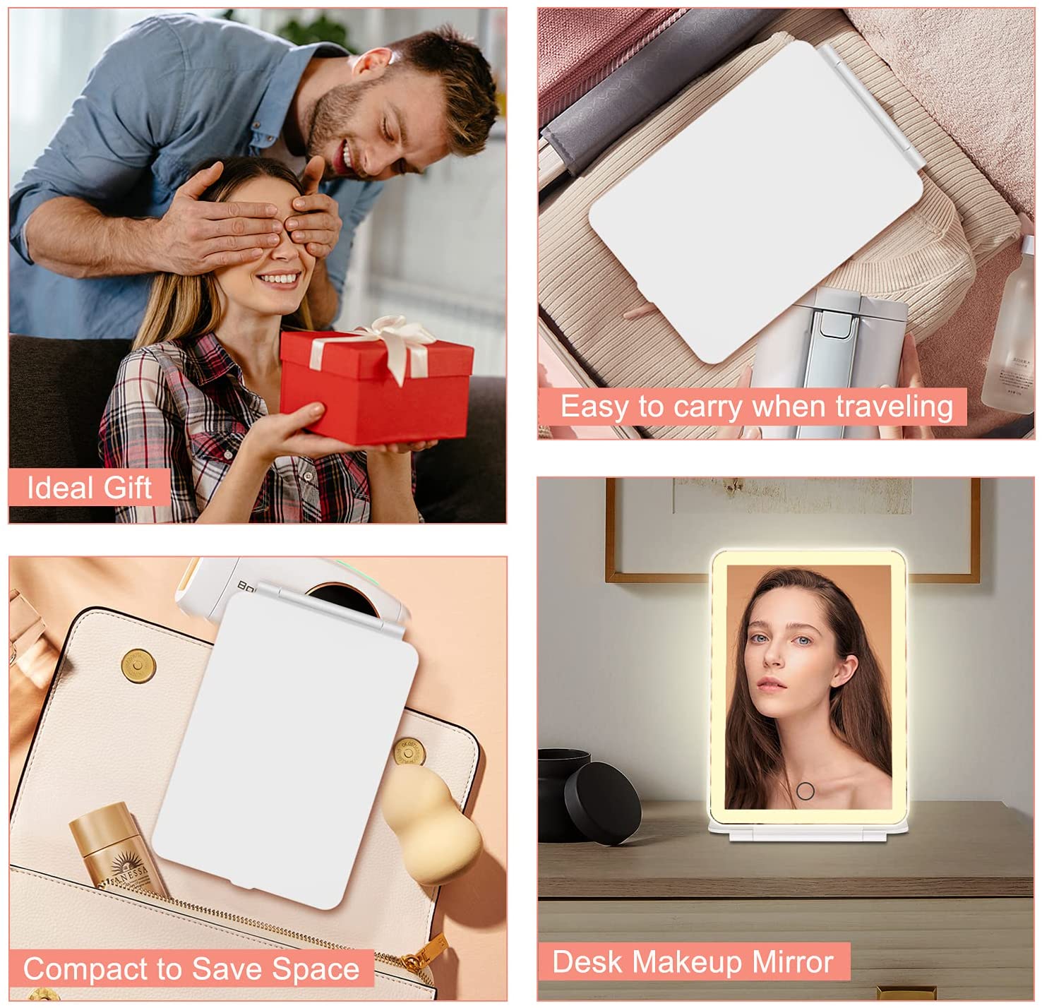 Folding Travel Mirror Lighted Makeup Mirror with 60 LEDs 3 Colors Light Modes USB Rechargable 1000mA Batteries Portable Ultra Thin Compact Vanity Mirror with Touch Screen
