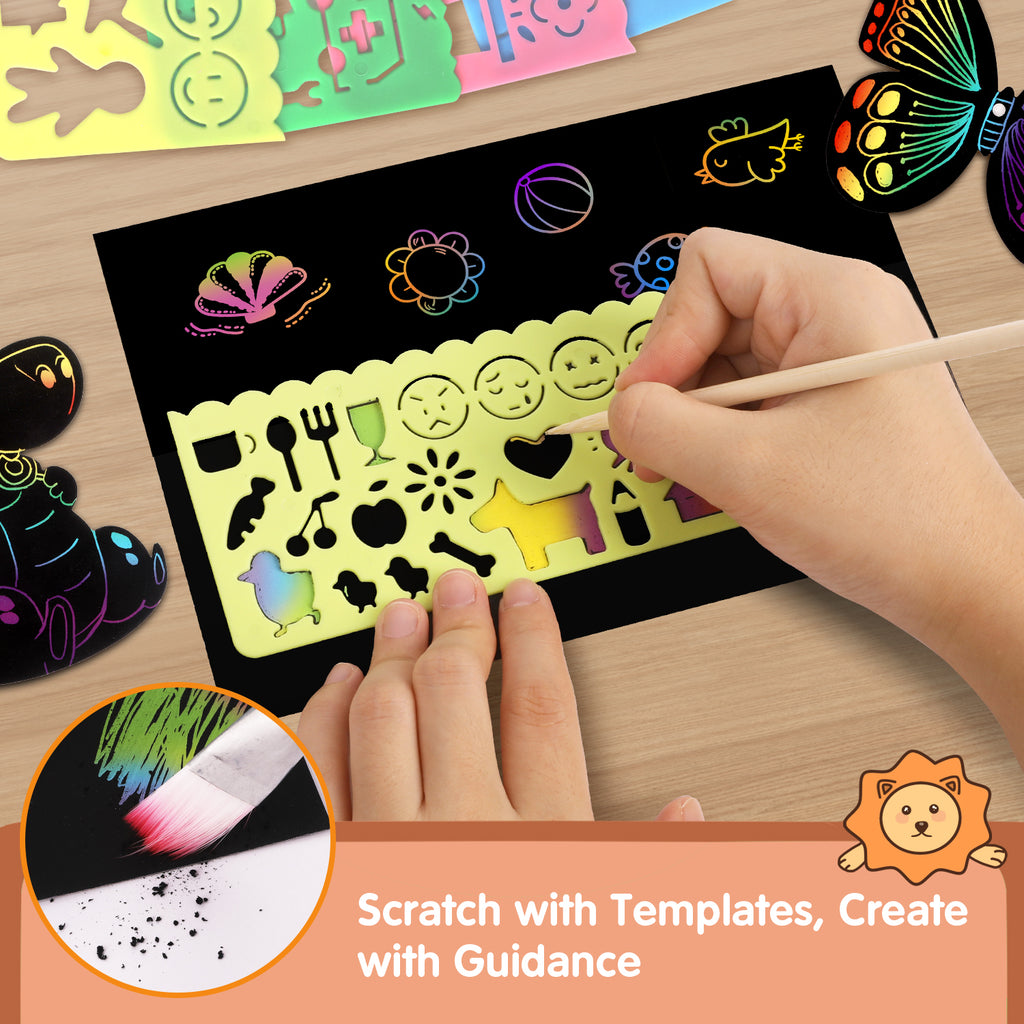Riarmo Scratch Art Paper Set for Kids, 107 Pcs Rainbow Magic Scratch Off Paper Art Craft for Boys & Girls, Fun Imagination Trigger Game for Children’s Summer Vacation, Birthday, and Party Gift