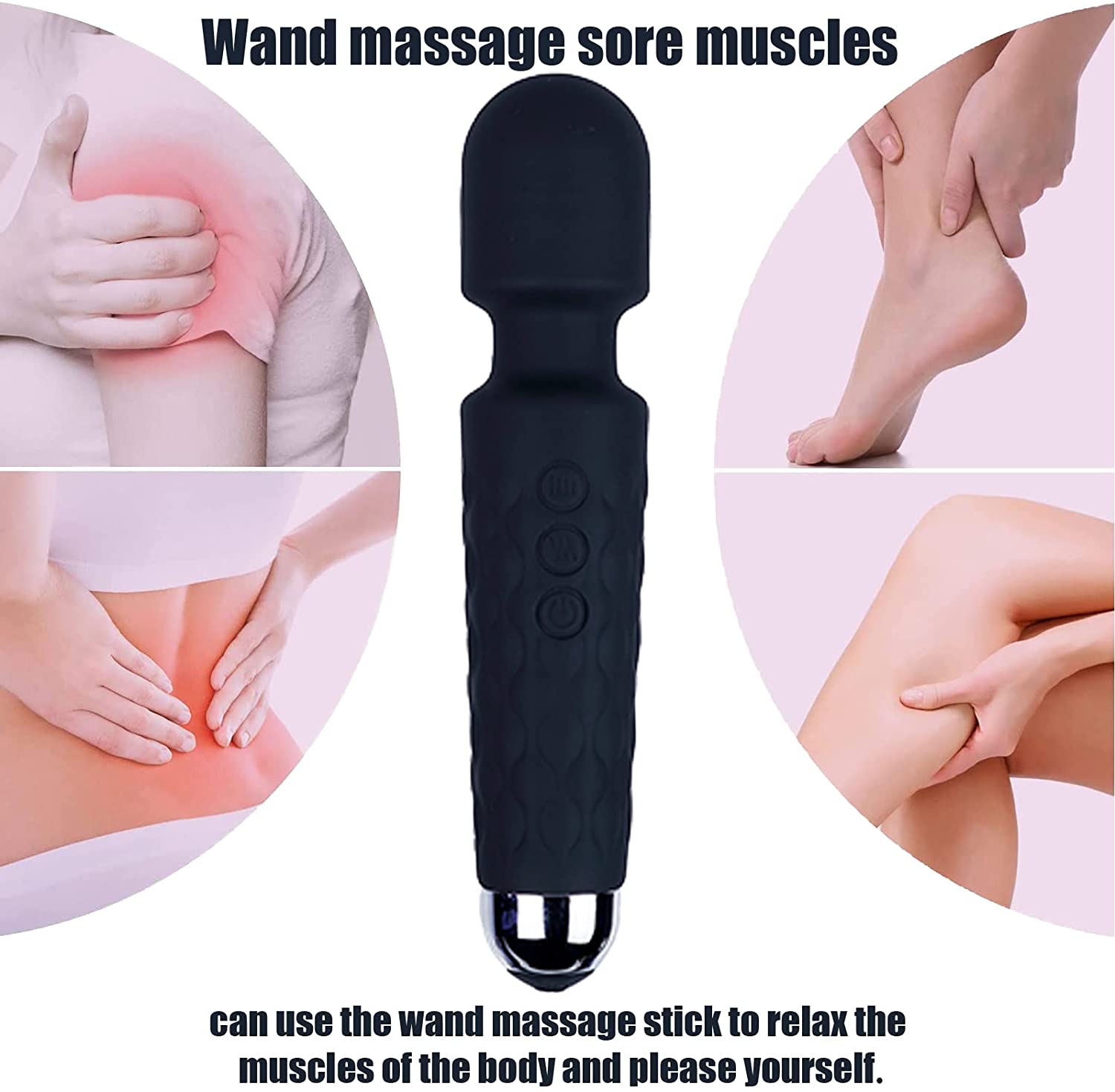 Massage Wand, Personal Massager for Women with 8 Speeds 20 Patterns, Rechargeable Personal Massager Silent and Waterproof, Perfect for Relieve Muscle Tension and Soreness All Over The Body, Black