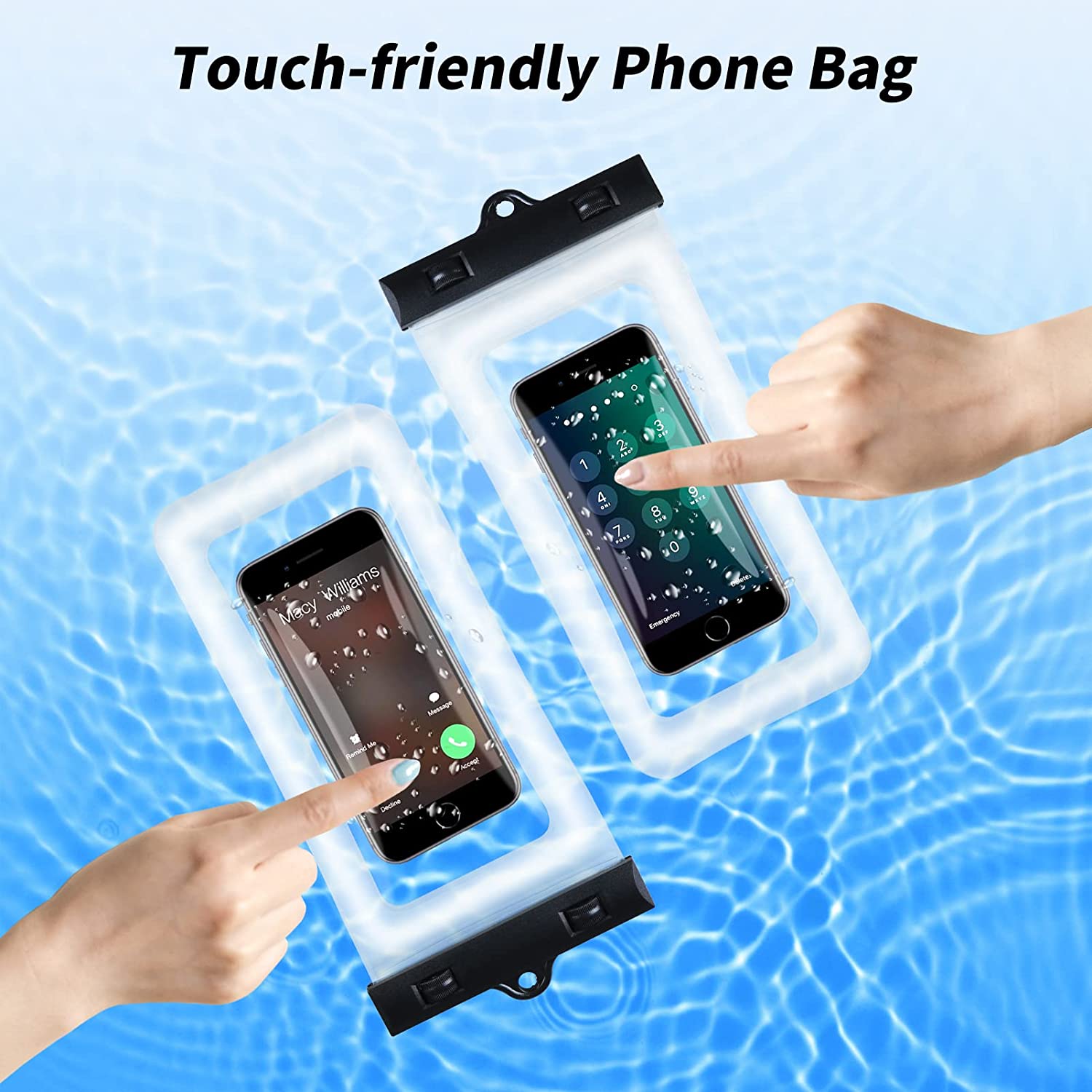 Waterproof Phone Bag IPX8 Cell Phone Pouch for Swimmers Divers Outdoor Beach Pool Shower Bath Hot Tub Water-activity, with Airbag Protection & Secure Lock, Compatible with iPhone/Samsung Galaxy up to 7.0 IN (2 PCs in Black)