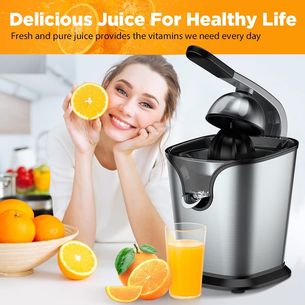 Electric Citrus Juicer Squeezer Stainless Steel 150 Watts of Power for Orange Lemon Lime Grapefruit Juice with Soft Rubber Grip, Filter and Anti-drip Spout Lock - Black, Black/Stainless Steel